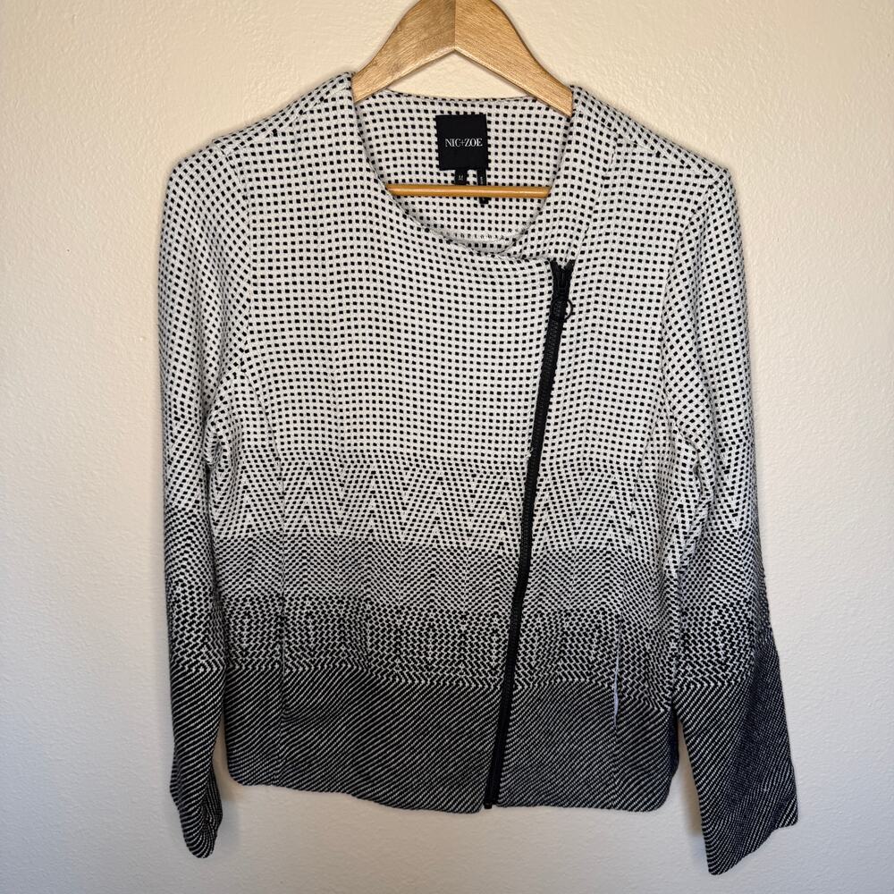 Nic+Zoe Black White Block 100% Cotton Blazer Front Zip Medium